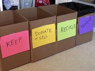 Divide everything into boxes to keep, donate or sell, recycle and trash
