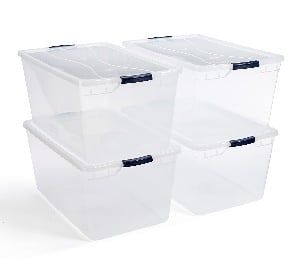 Clear plastic storage bins are easy to find on Amazon