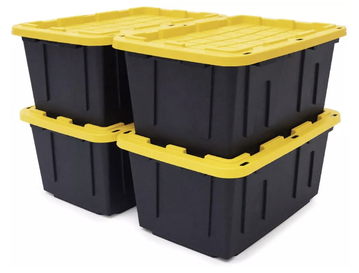 A stack of black and yellow storage containers

Description automatically generated
