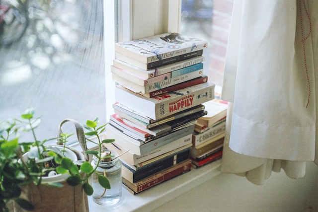 Books stacked by the window