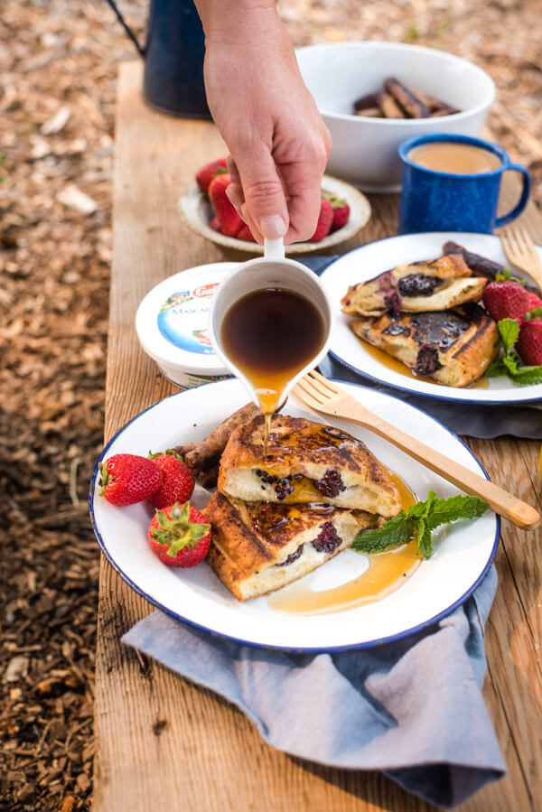 Blackberry Stuffed French Toast with Fresh Fruit and Syrup