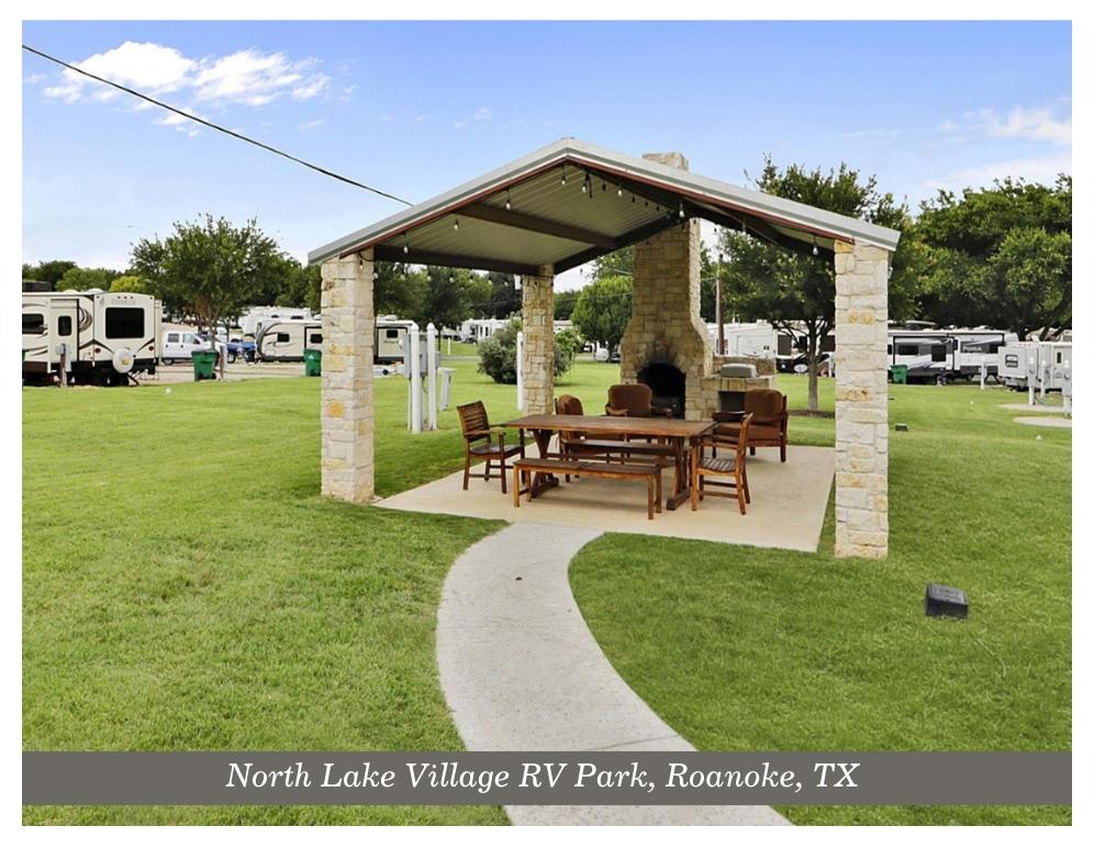 Covered dining area in front of a fireplace at the North Lake Village RV Park in Roanoke Texas.