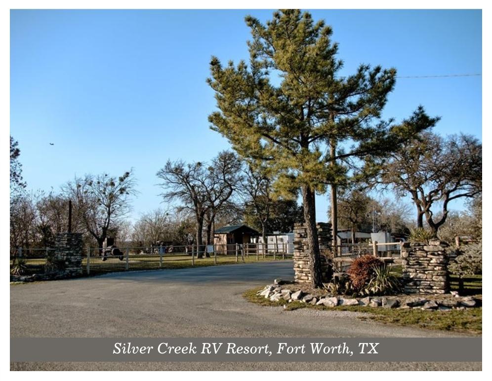 View of the entrance to the Silver Creek RV Resort in Fort Worth Texas.