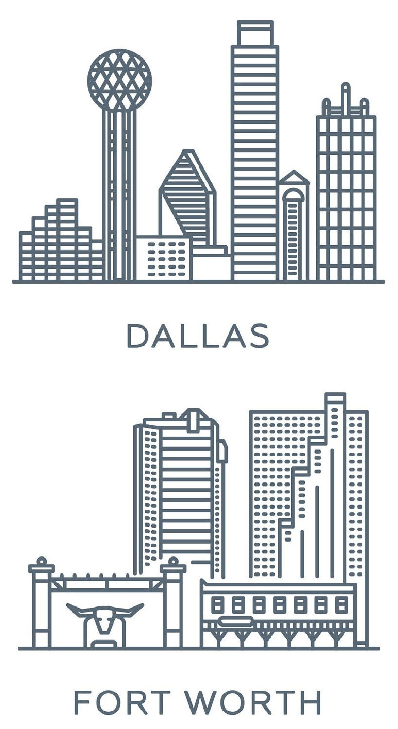 Graphic line drawing of the city skylines for Dallas and Fort Worth Texas.
