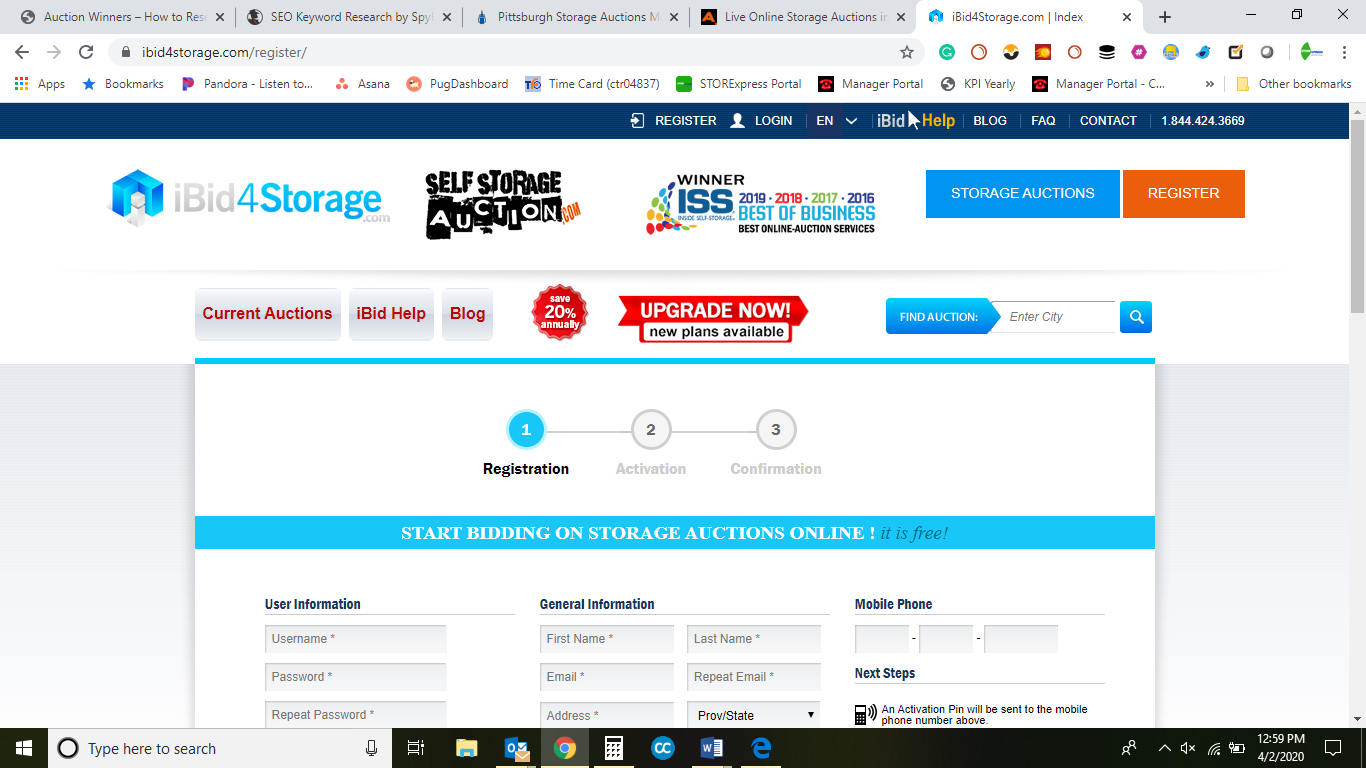 iBid4Storage registration page